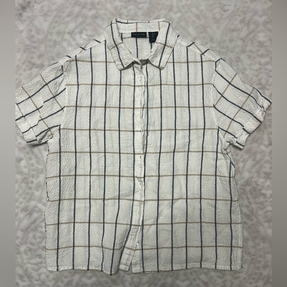 Tahari Other - Tahari White Plaid Linen Cotton Blend Button Down Top